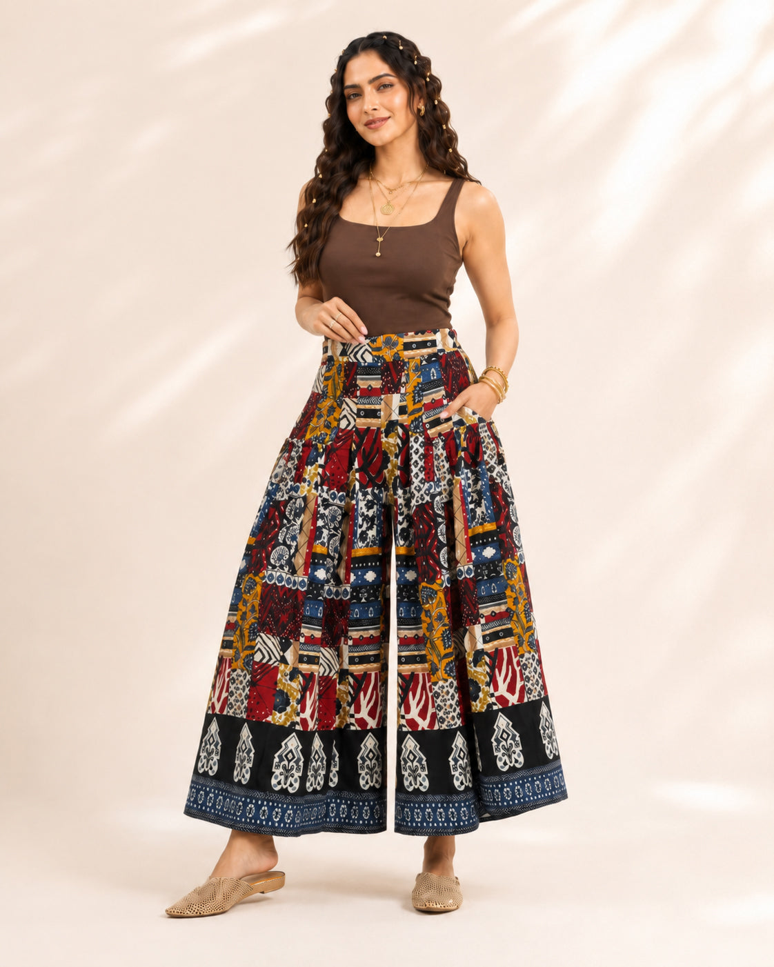 Patchwork Print Cotton Flared Palazzo for Women - view 1