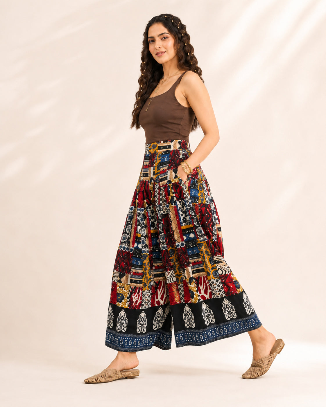Patchwork Print Cotton Flared Palazzo for Women - view 3