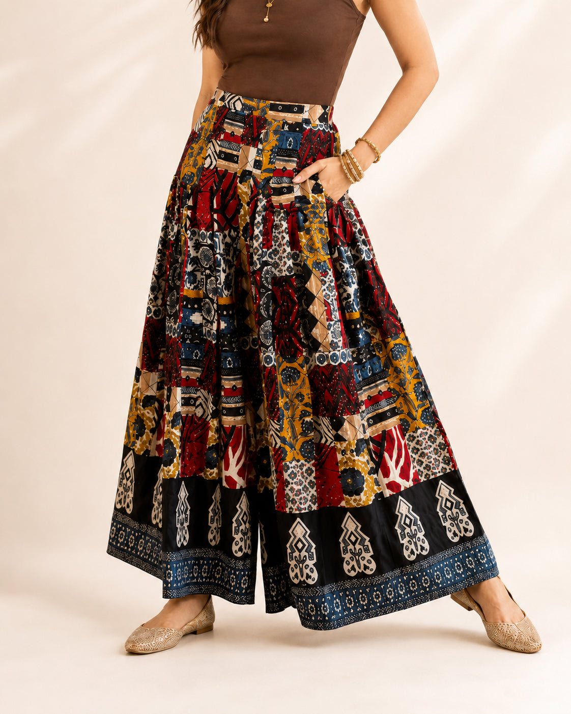 Patchwork Print Cotton Flared Palazzo for Women - view 4