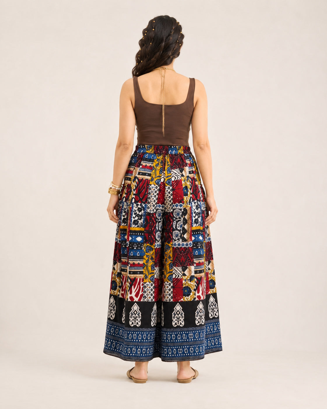 Patchwork Print Cotton Flared Palazzo for Women - view 5
