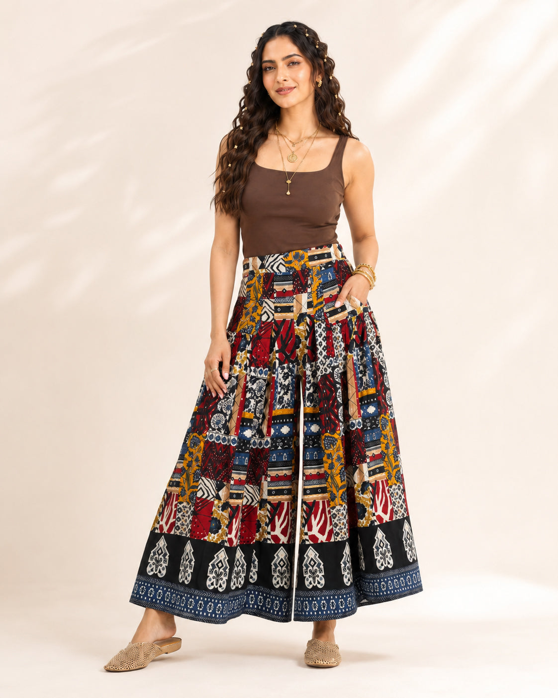 Patchwork Print Cotton Flared Palazzo for Women - view 6