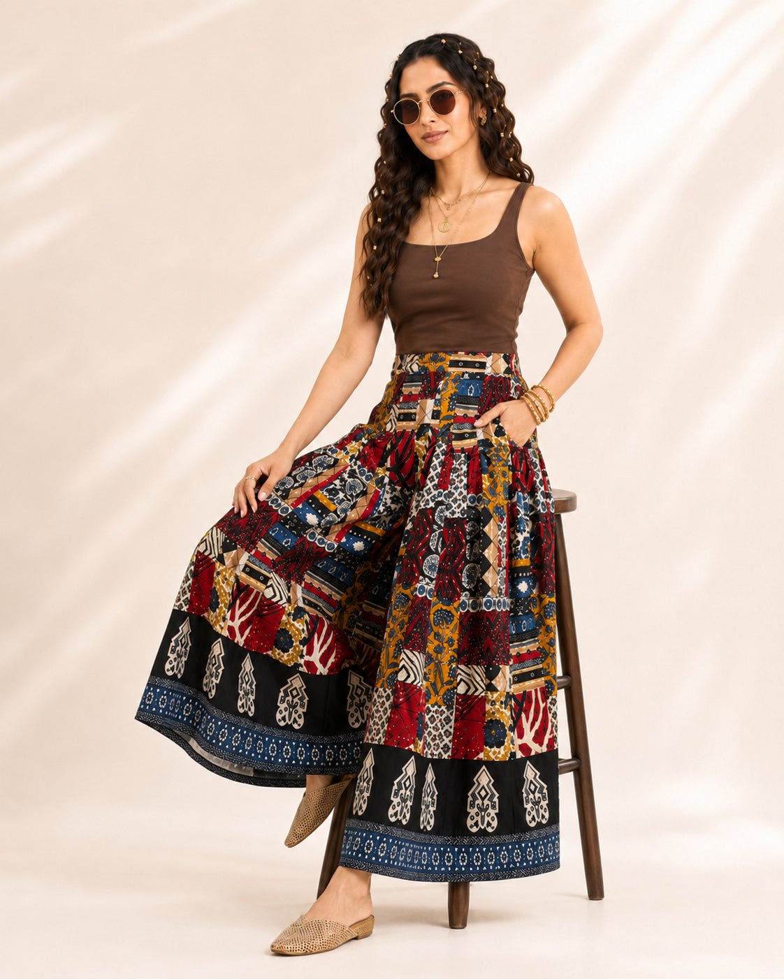 Patchwork Print Cotton Flared Palazzo for Women - view 7