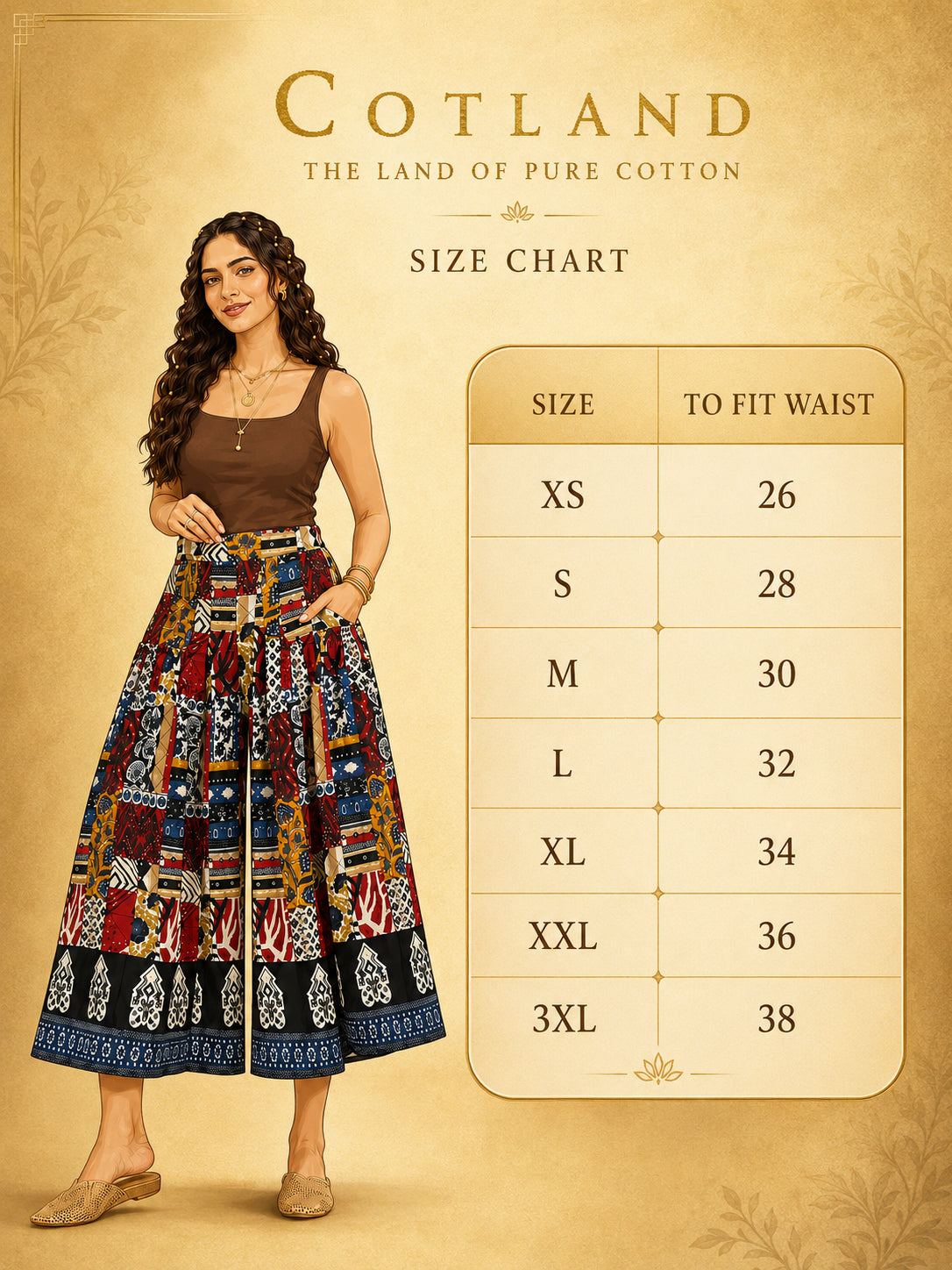 Patchwork Print Cotton Flared Palazzo for Women - size chart