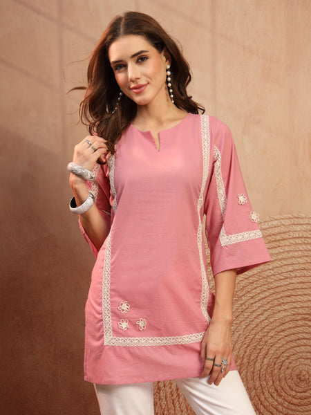 Pink Cotton Lace Detail Short Kurti for Women - view 1