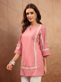 Pink Cotton Lace Detail Short Kurti for Women - view 3