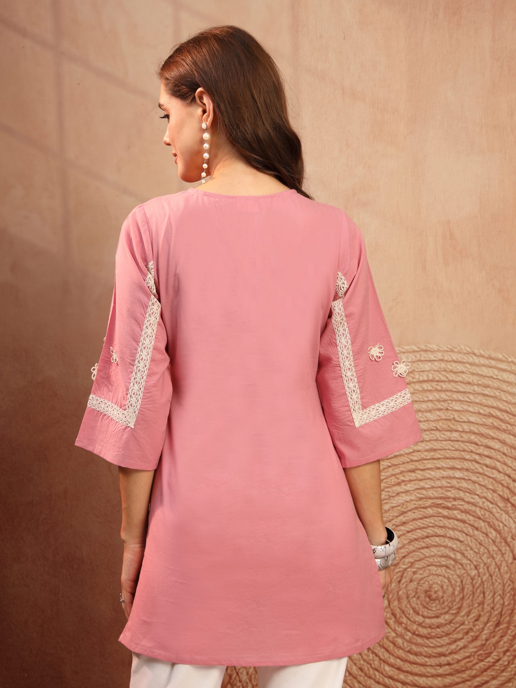 Pink Cotton Lace Detail Short Kurti for Women - view 5