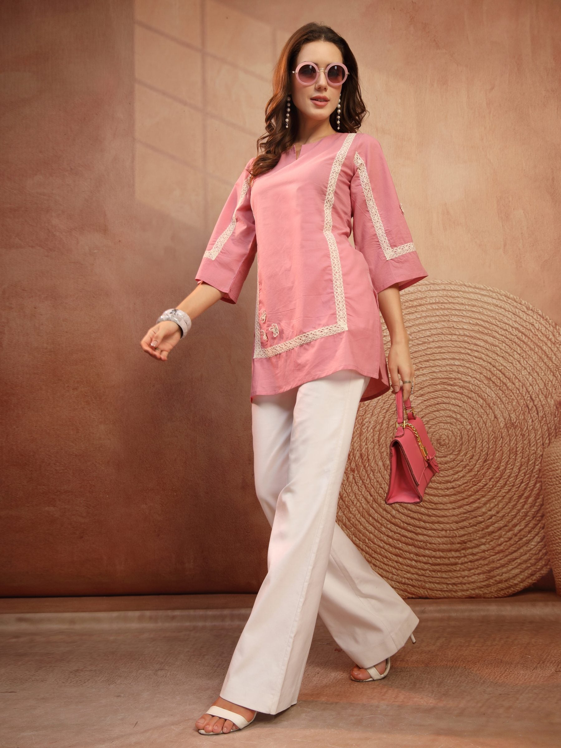 Pink Cotton Lace Detail Short Kurti for Women - view 8