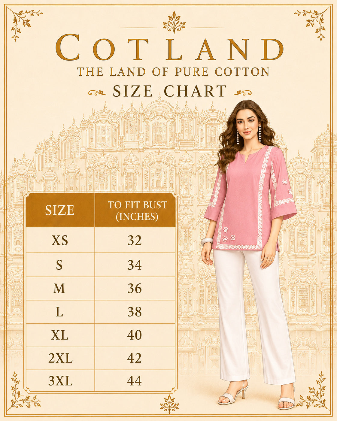 Pink Cotton Lace Detail Short Kurti for Women - size/style chart