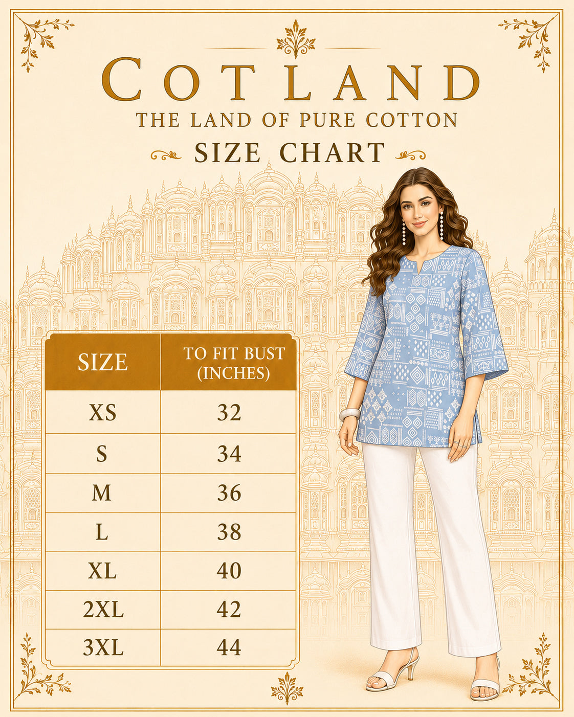Blue Jaipur Inspired Cotton Short Kurti for Women - size/style chart