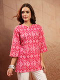 Pink Ikat Inspired Cotton Short Kurti for Women - view 1
