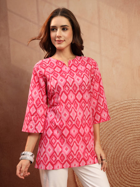 Pink Ikat Inspired Cotton Short Kurti for Women - view 1