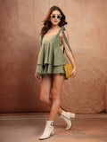 Olive Cotton Tie-Strap Playsuit for Women - view 1