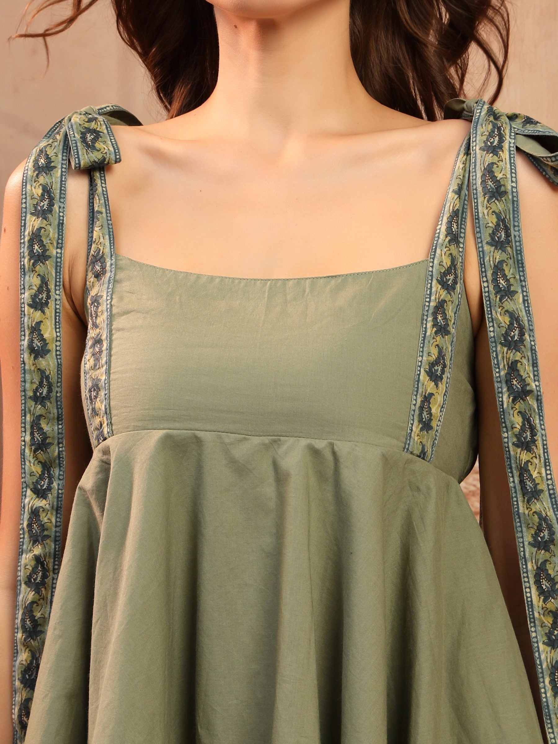 Olive Cotton Tie-Strap Playsuit for Women - view 3