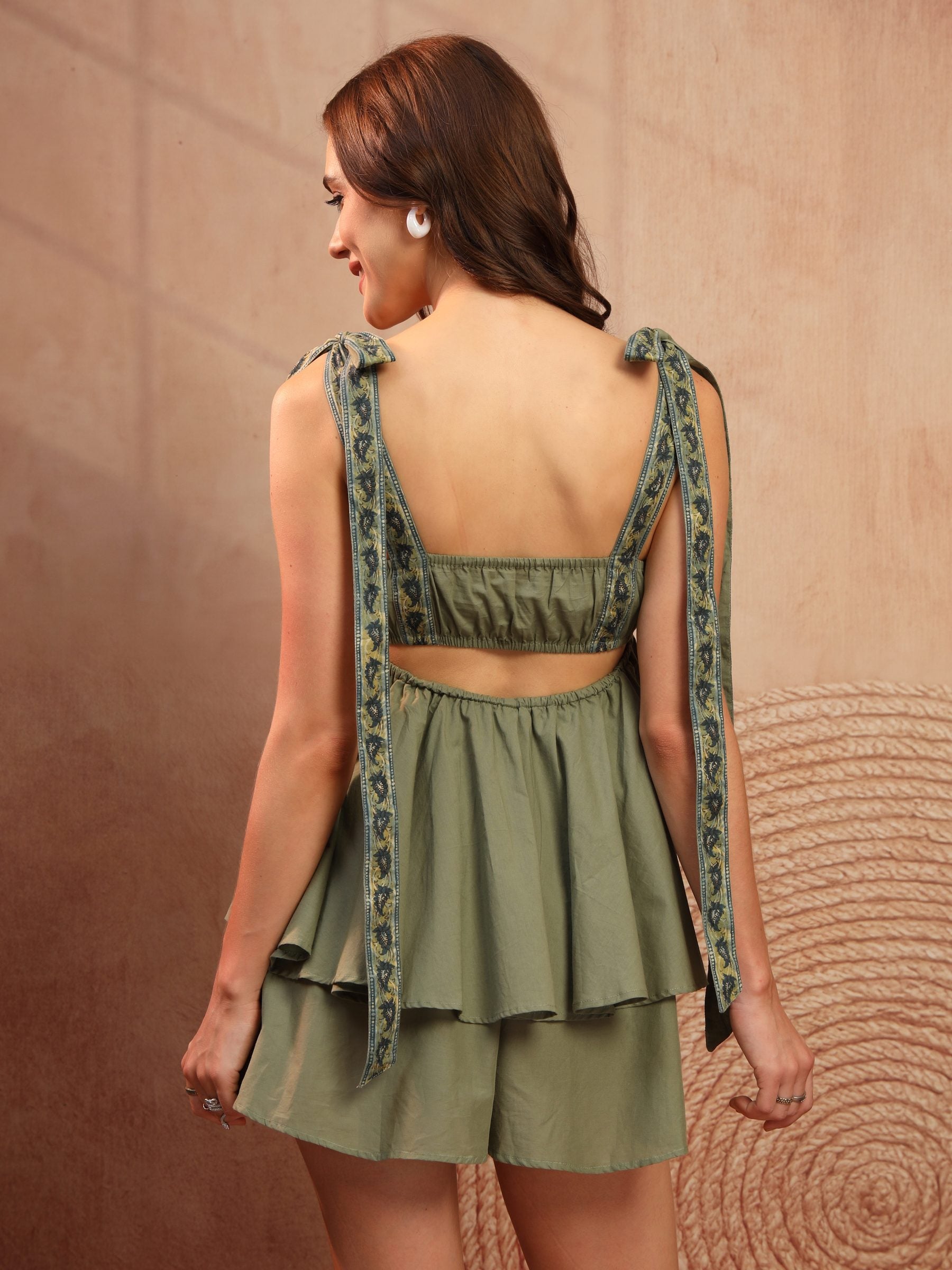 Olive Cotton Tie-Strap Playsuit for Women - view 4