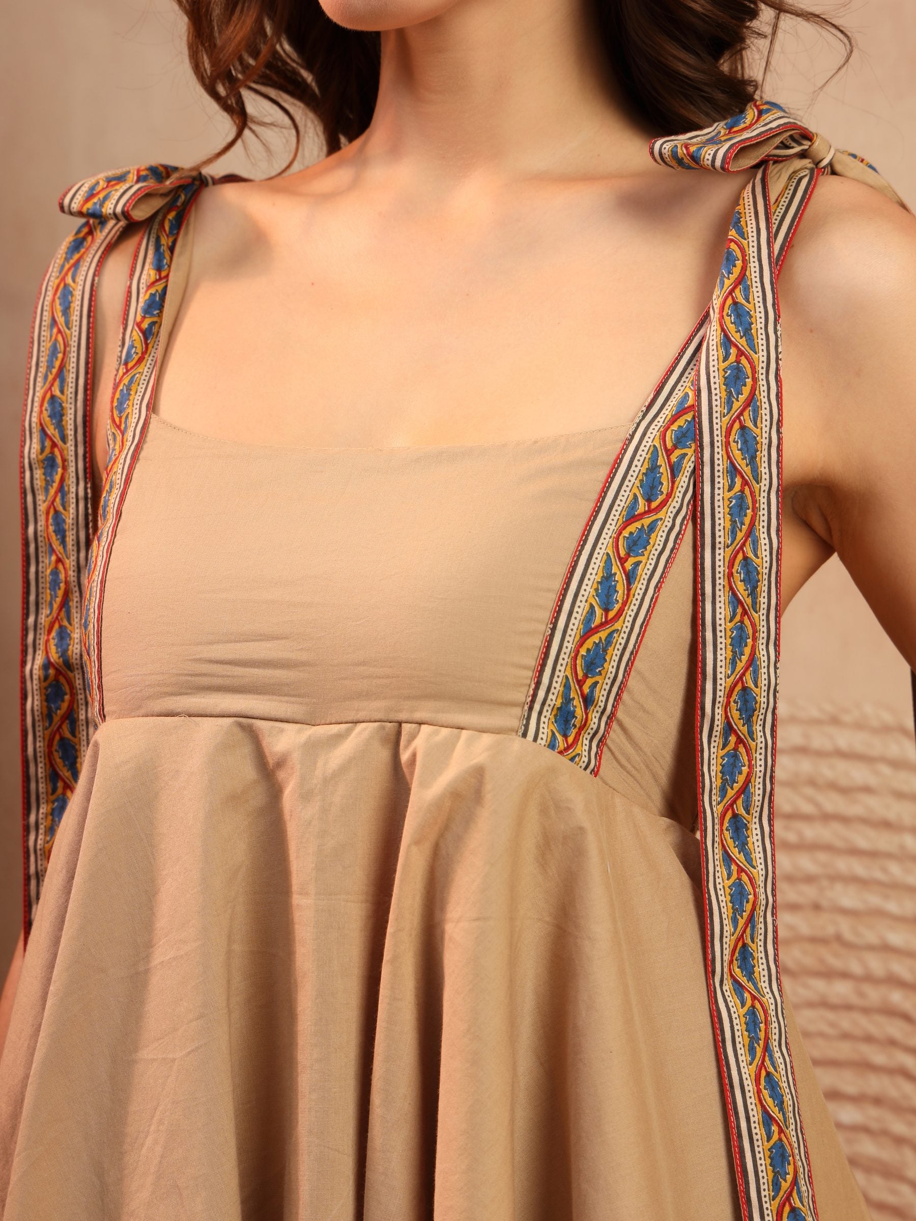 Beige Cotton Tie-Strap Playsuit for Women - view 3