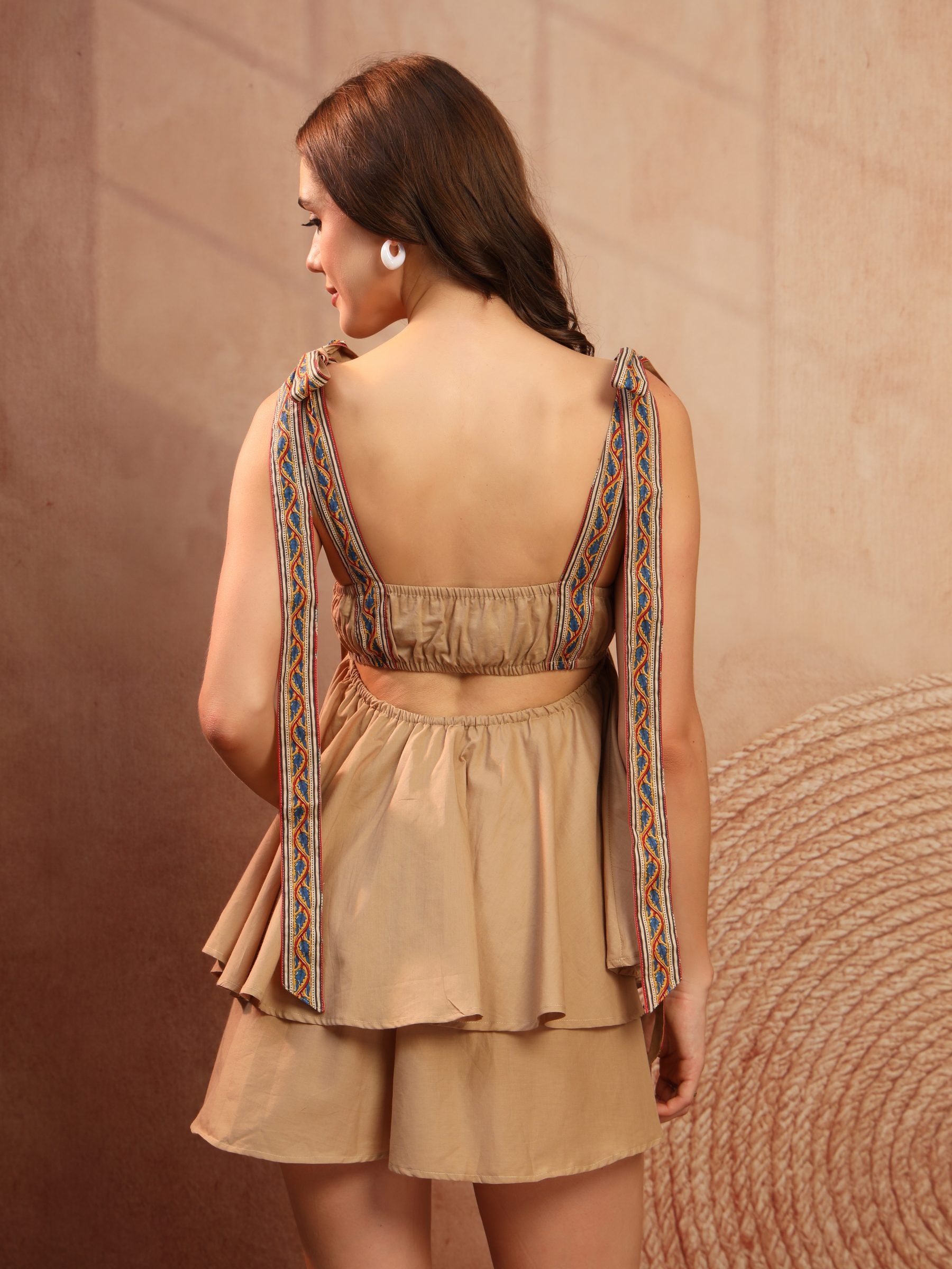 Beige Cotton Tie-Strap Playsuit for Women - view 4