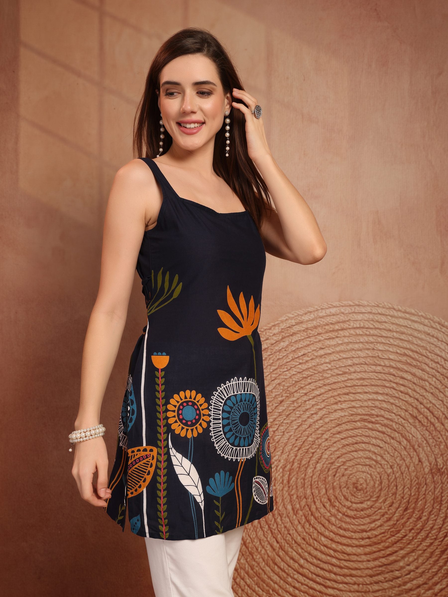 Navy Floral Cotton Sleeveless Short Kurti for Women - view 3