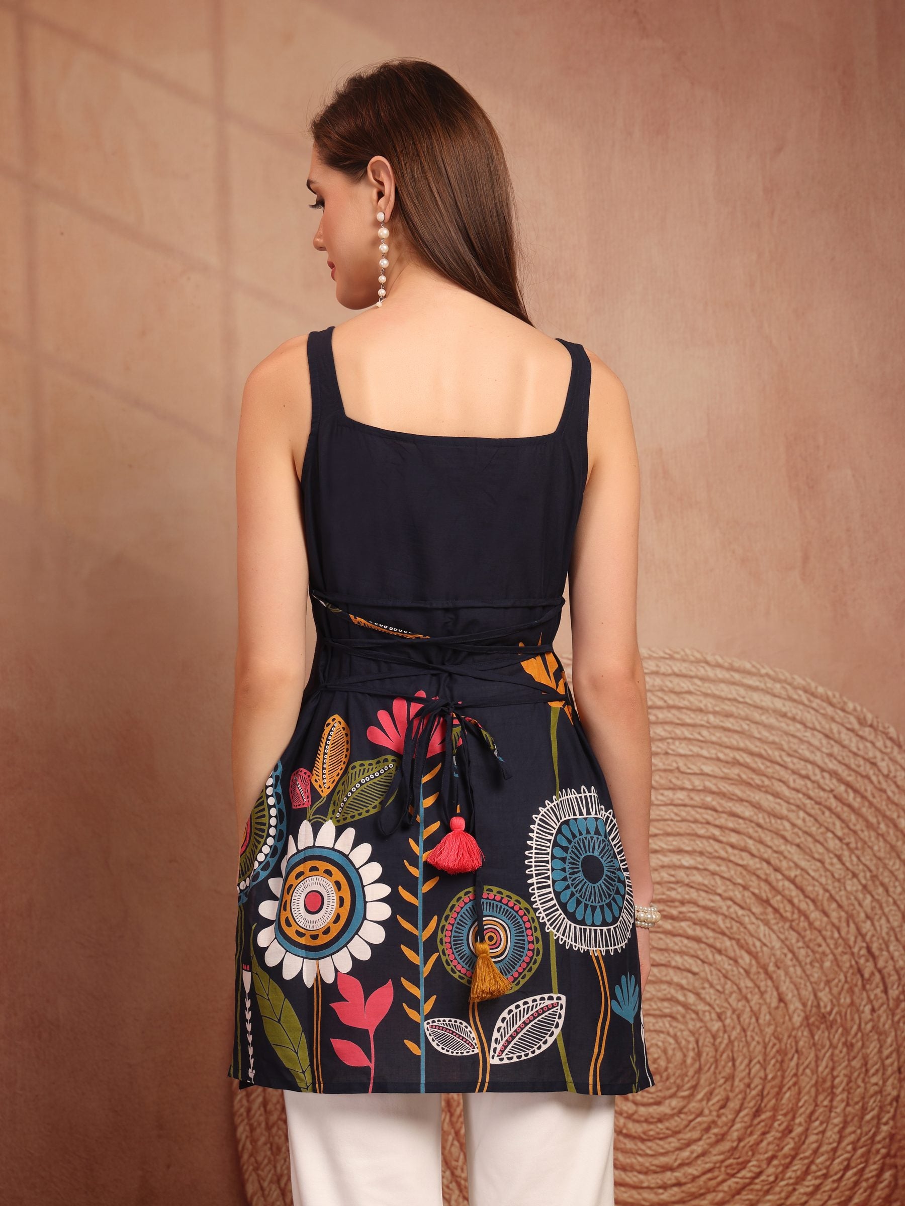 Navy Floral Cotton Sleeveless Short Kurti for Women - view 4