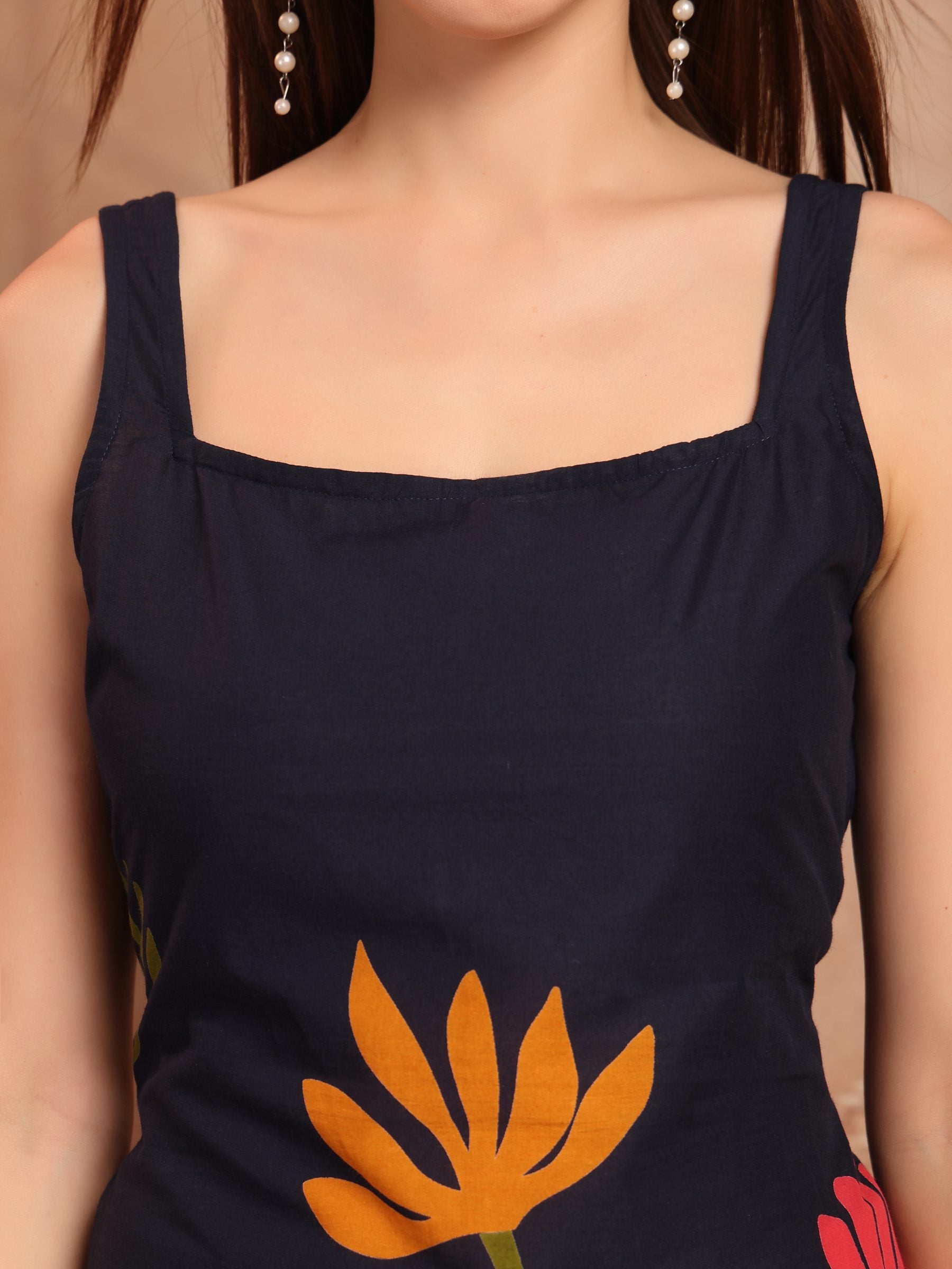 Navy Floral Cotton Sleeveless Short Kurti for Women - view 5
