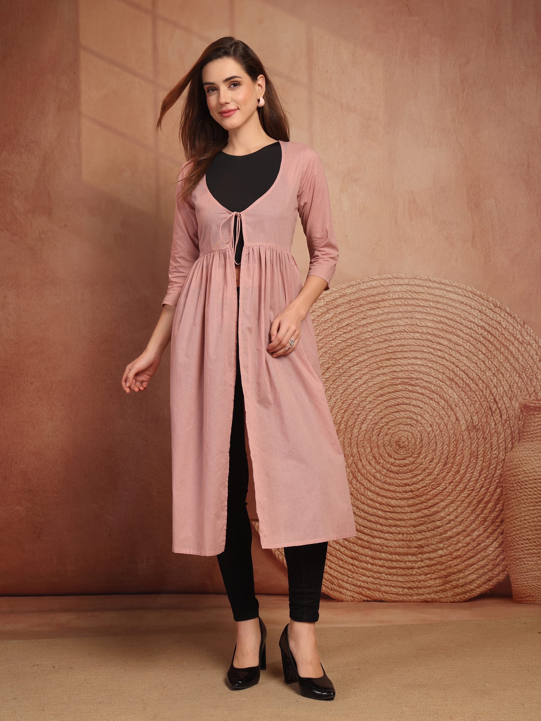 Pink Cotton Tie-Front Long Shrug for Women - view 1