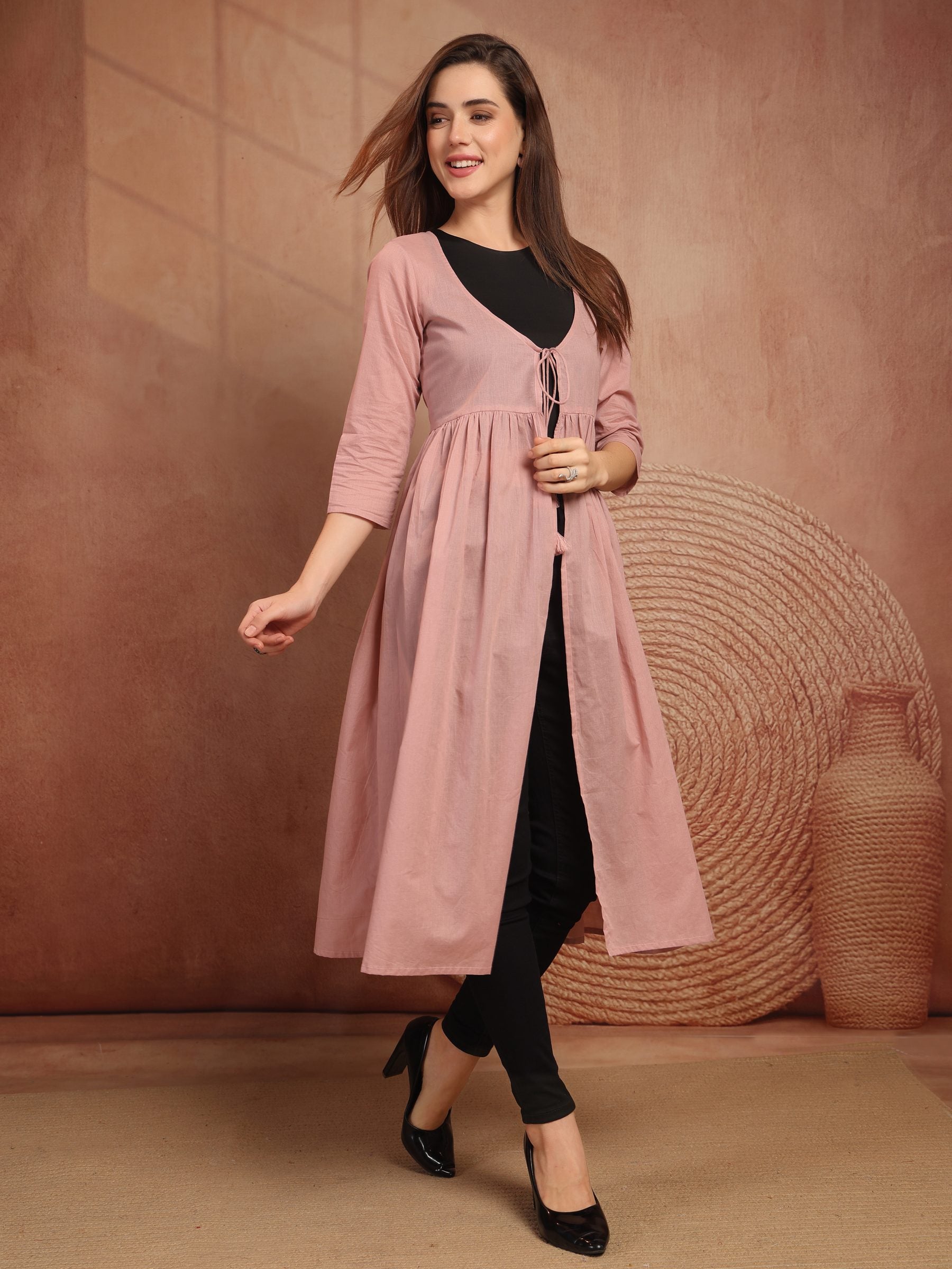 Pink Cotton Tie-Front Long Shrug for Women - view 2