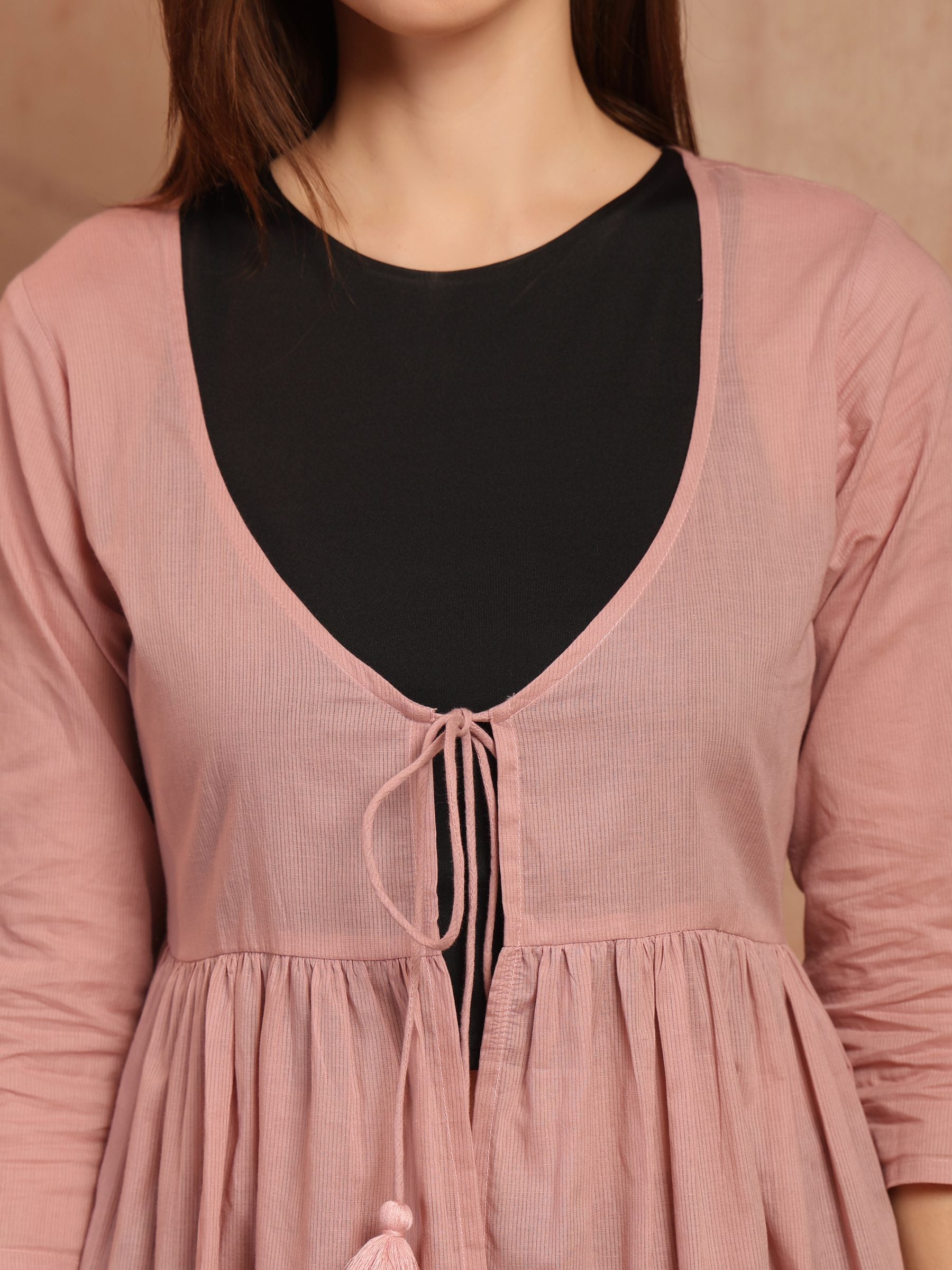 Pink Cotton Tie-Front Long Shrug for Women - view 3