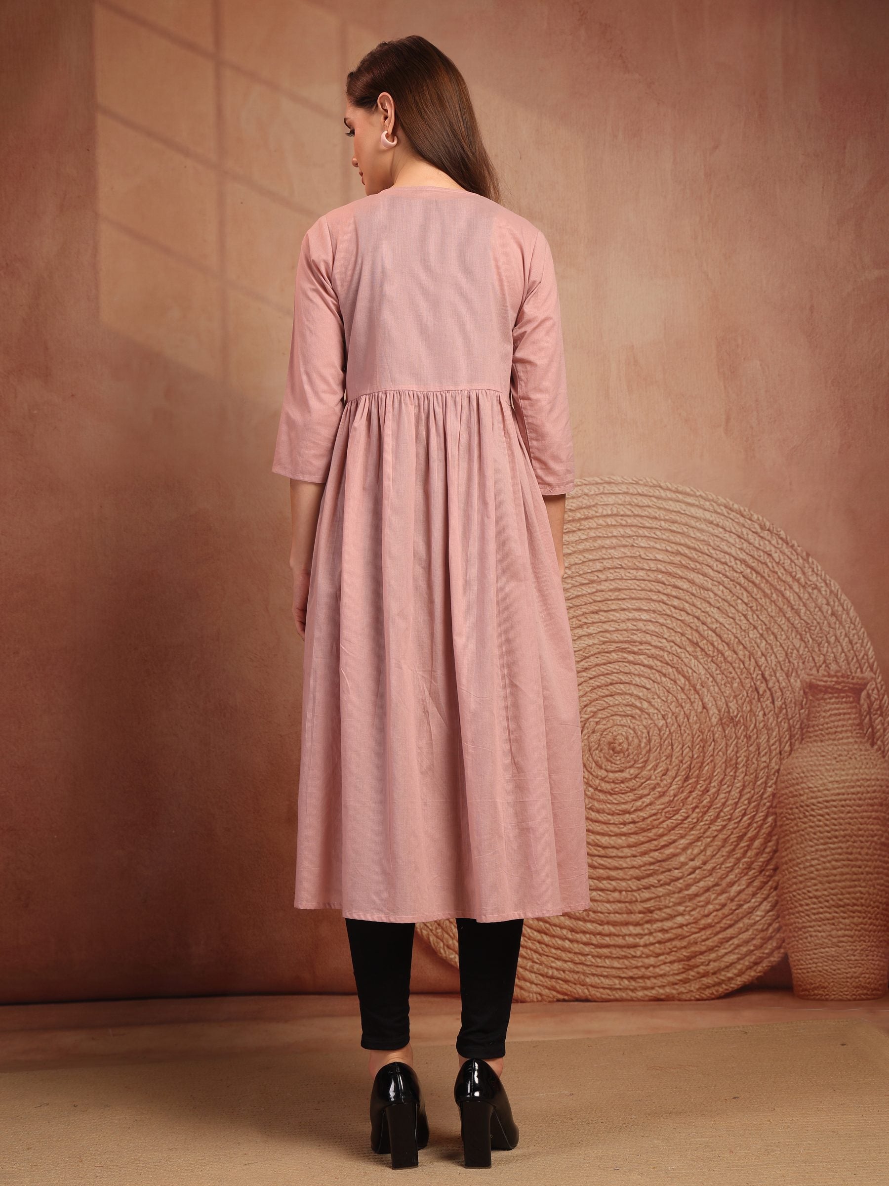 Pink Cotton Tie-Front Long Shrug for Women - view 4