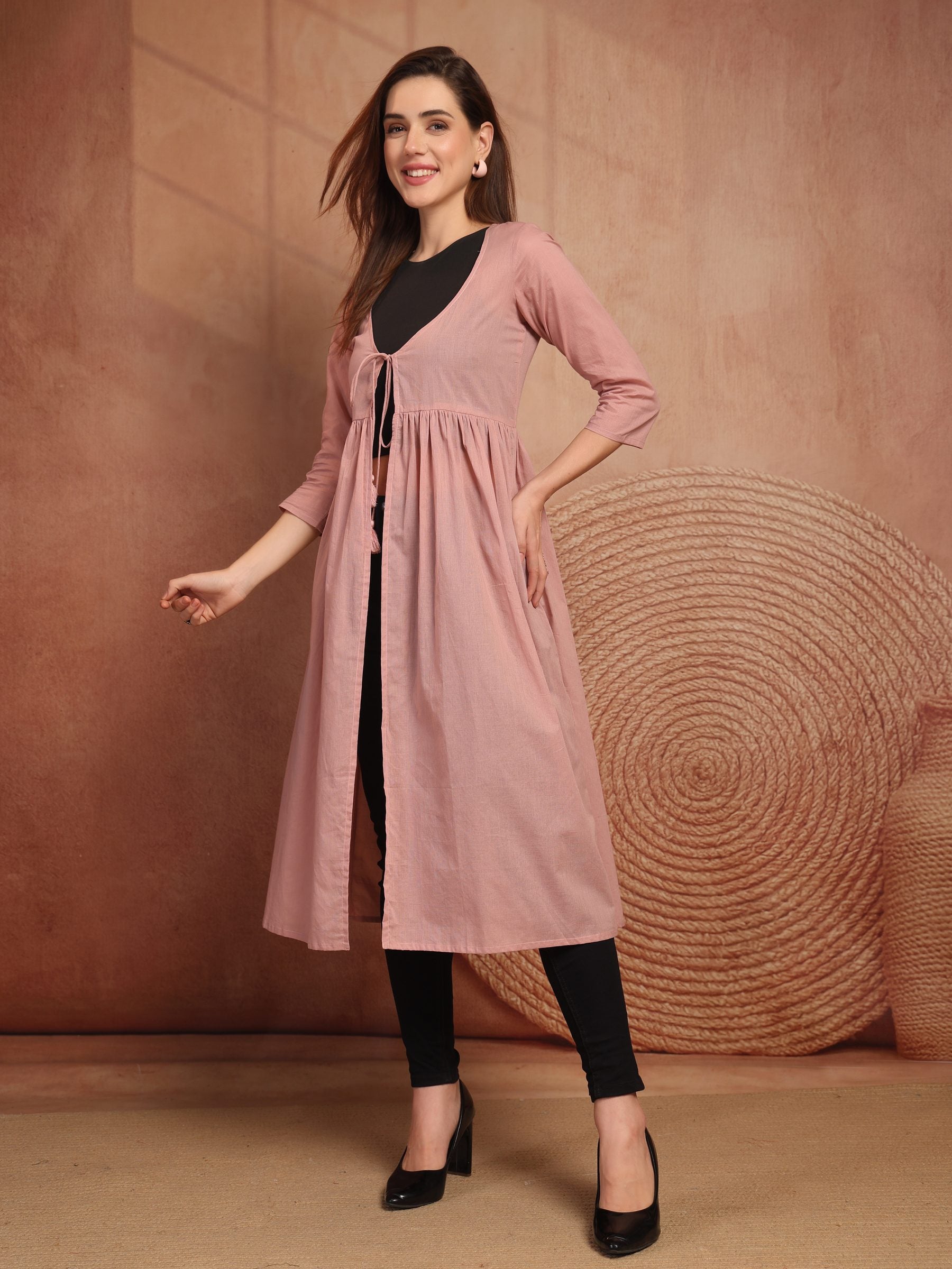 Pink Cotton Tie-Front Long Shrug for Women - view 5