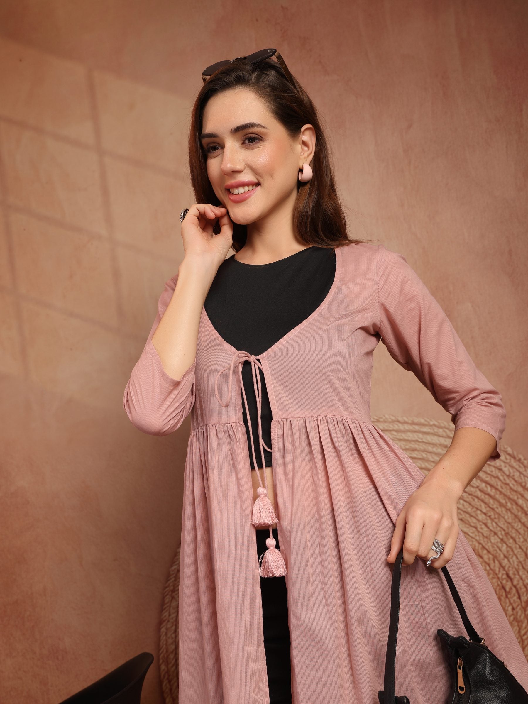 Pink Cotton Tie-Front Long Shrug for Women - view 6
