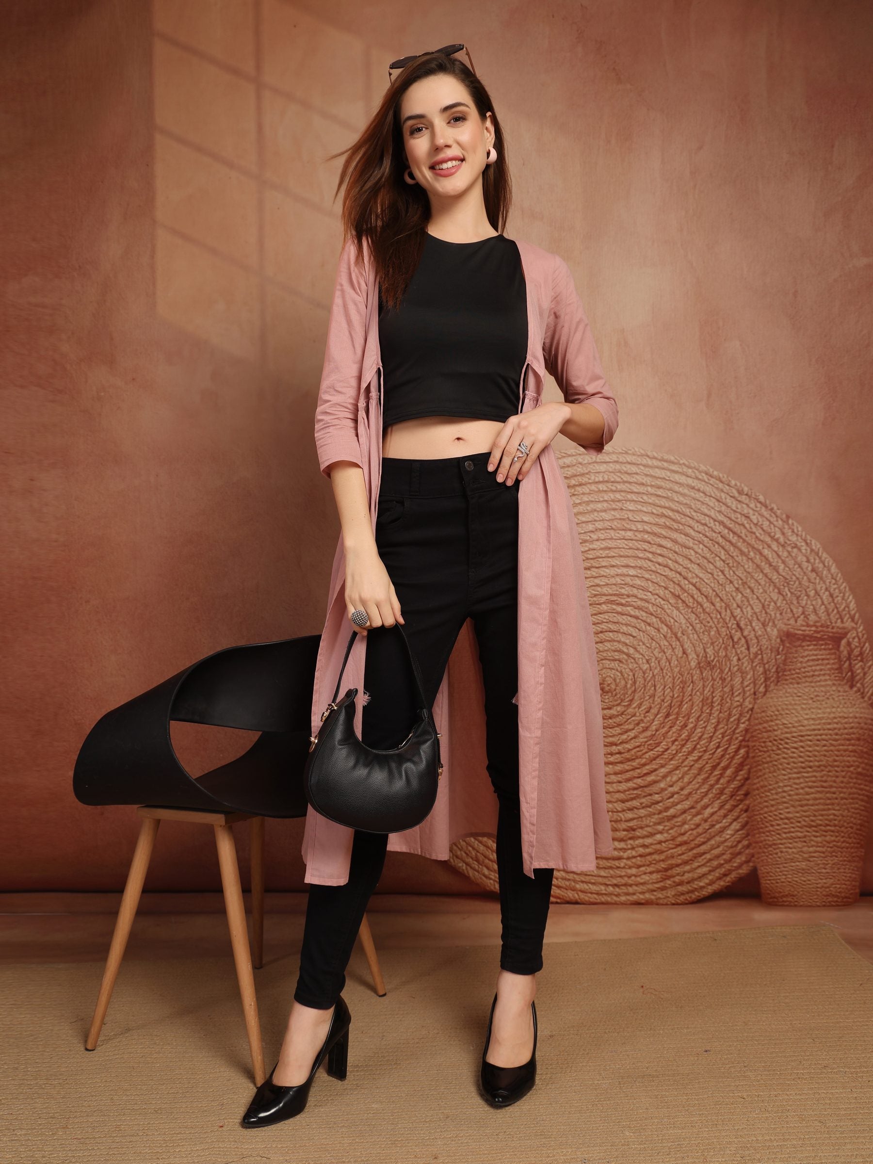 Pink Cotton Tie-Front Long Shrug for Women - view 7