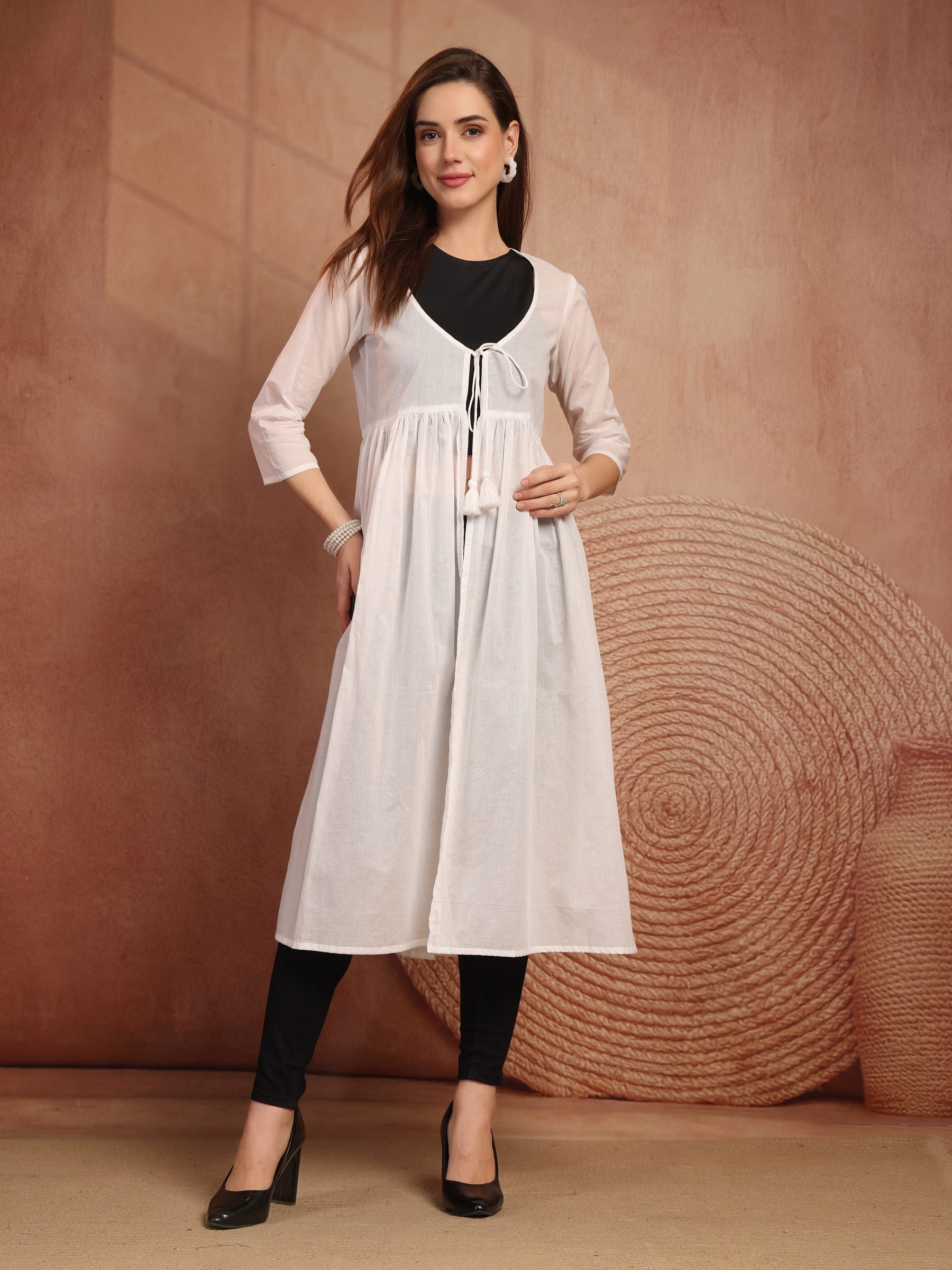 White Cotton Tie-Front Long Shrug for Women - view 1