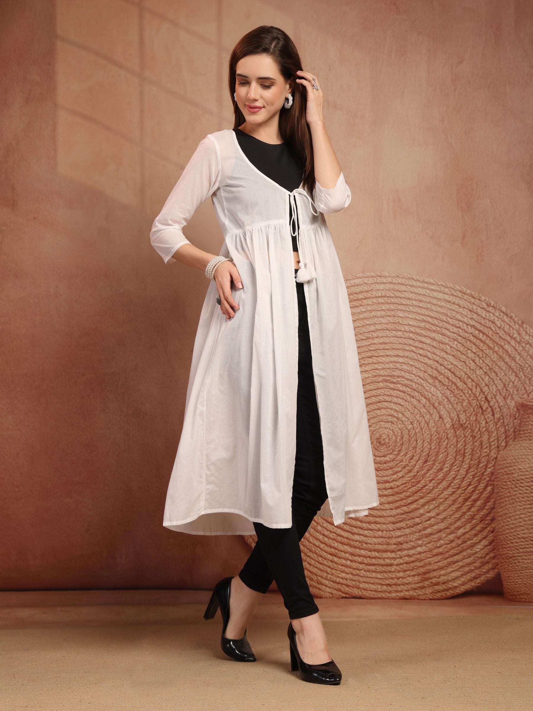 White Cotton Tie-Front Long Shrug for Women - view 2