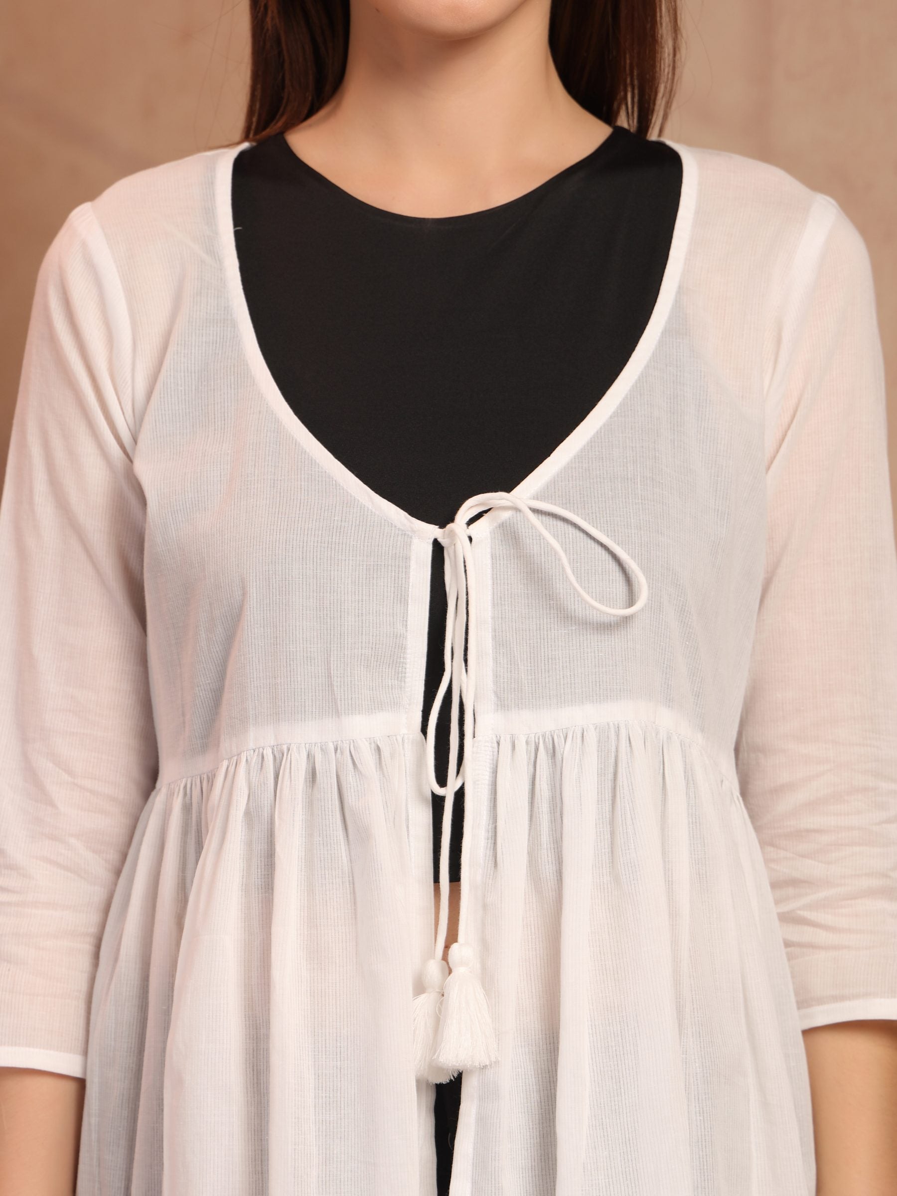 White Cotton Tie-Front Long Shrug for Women - view 3