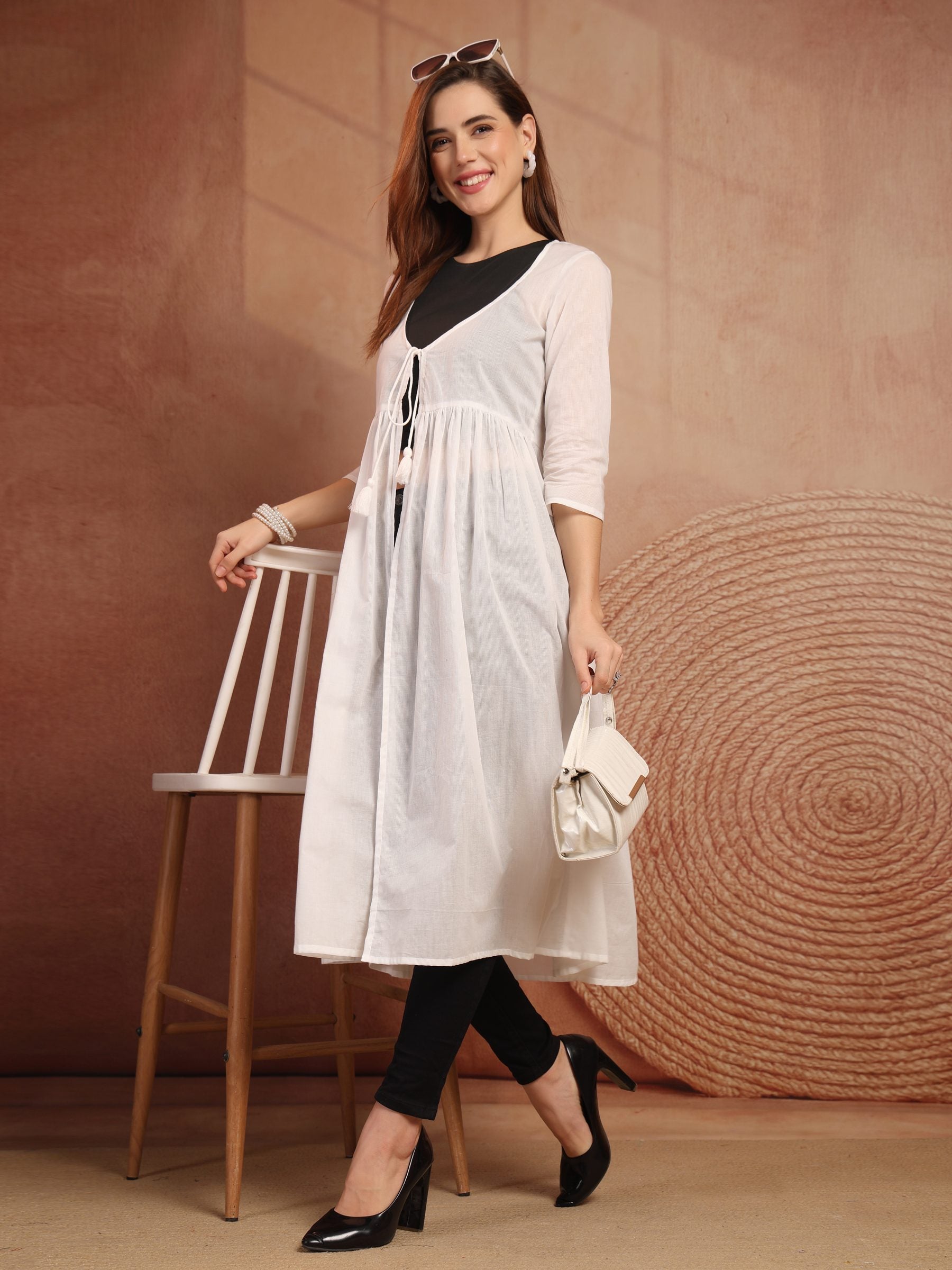 White Cotton Tie-Front Long Shrug for Women - view 6