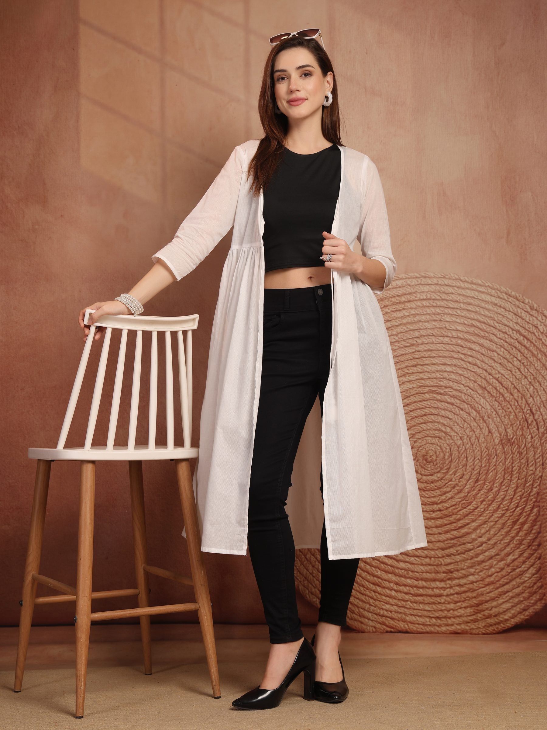 White Cotton Tie-Front Long Shrug for Women - view 7