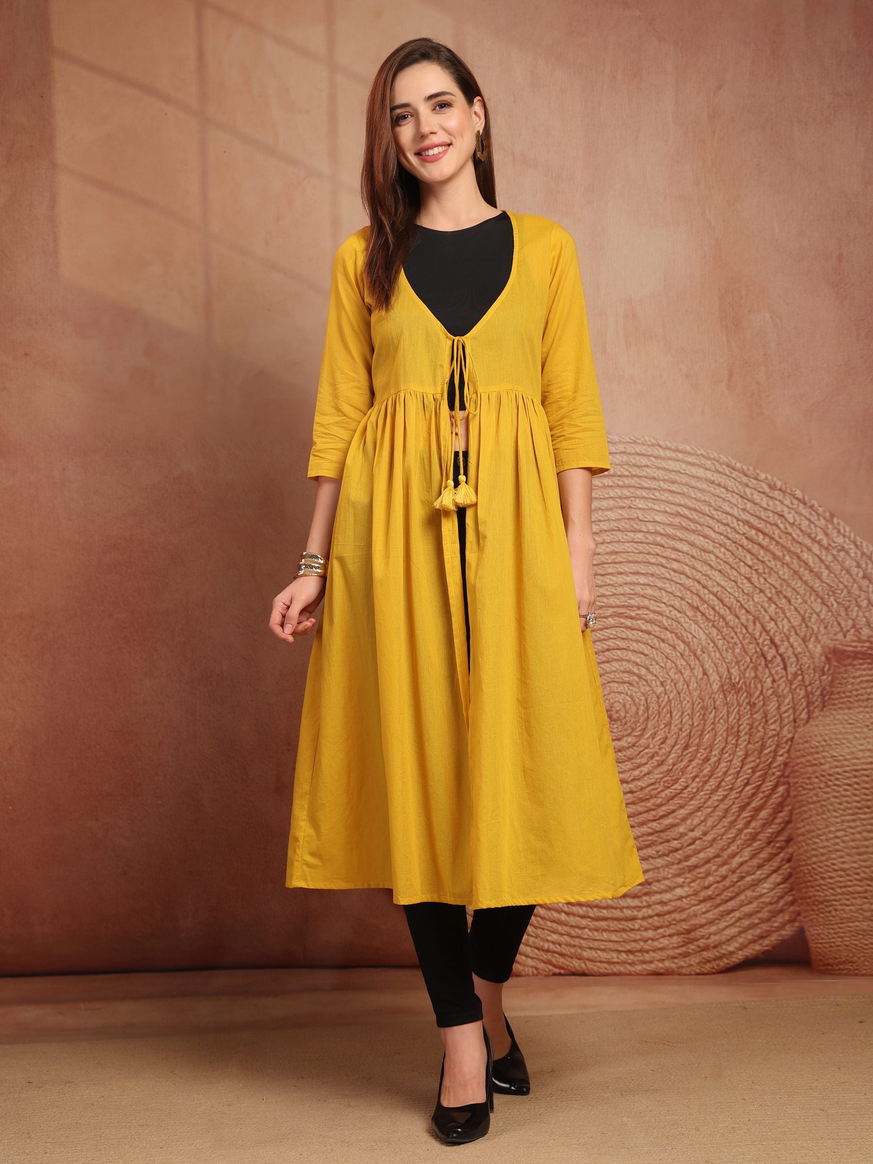 Mustard Cotton Tie-Front Long Shrug for Women - view 1