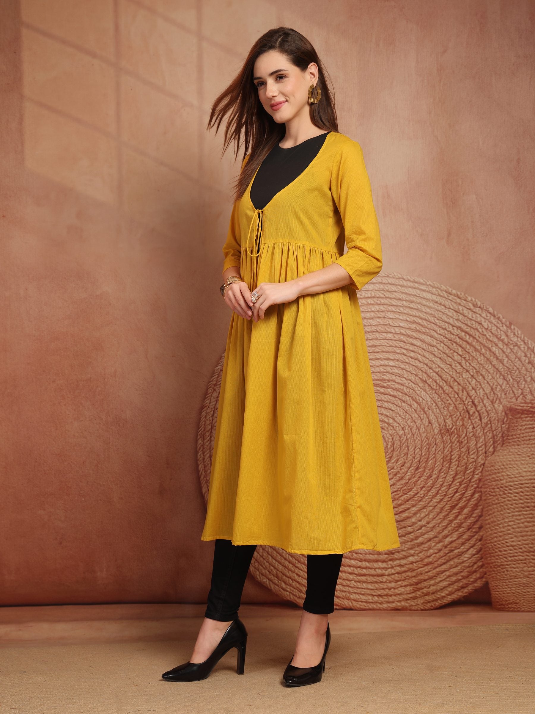 Mustard Cotton Tie-Front Long Shrug for Women - view 2