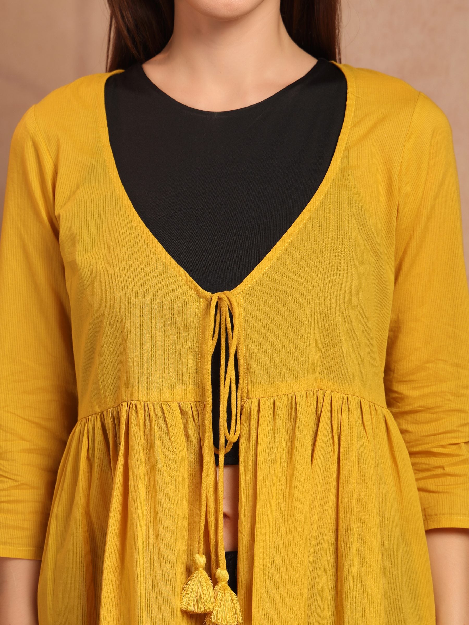 Mustard Cotton Tie-Front Long Shrug for Women - view 3