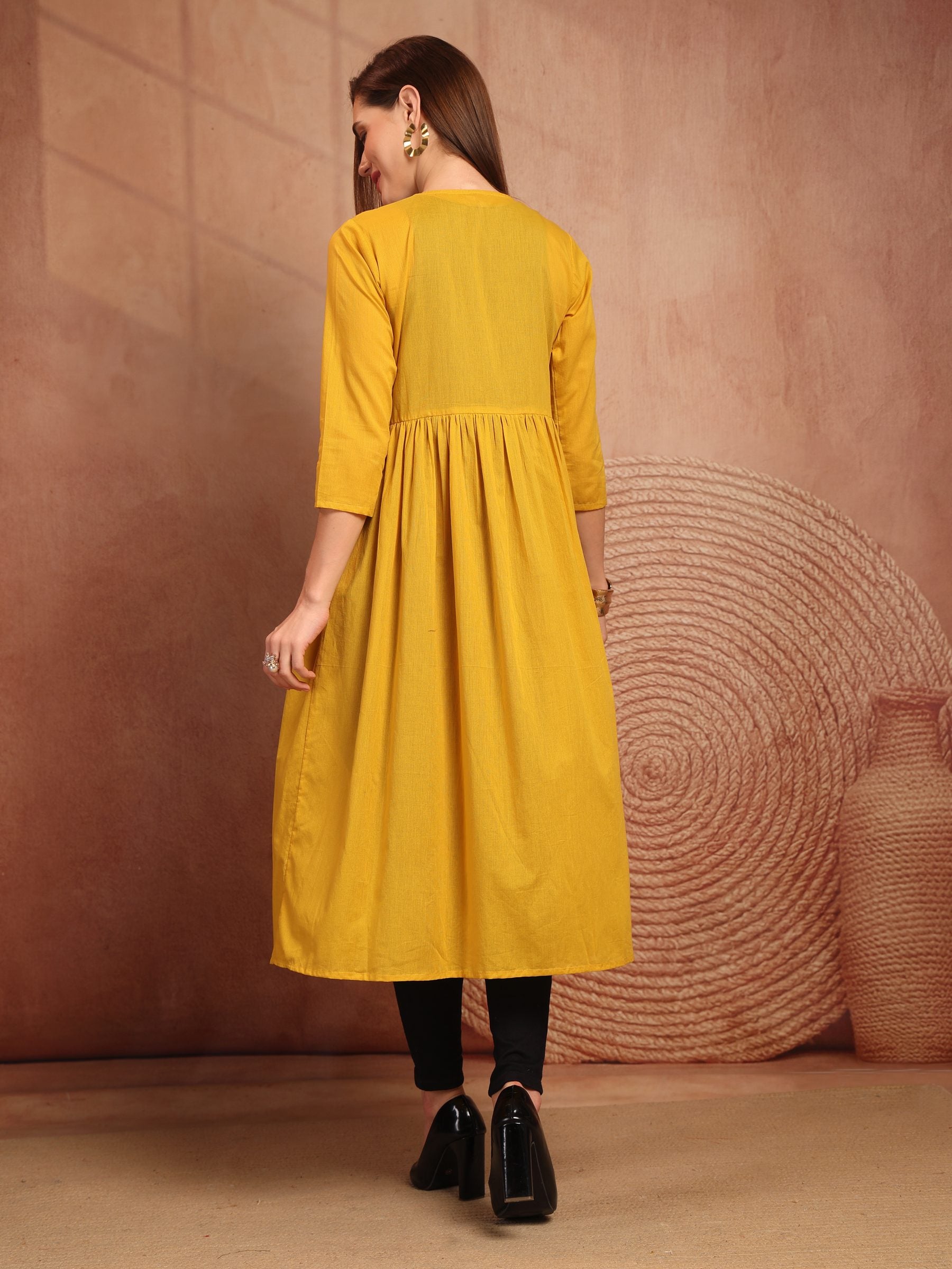 Mustard Cotton Tie-Front Long Shrug for Women - view 4