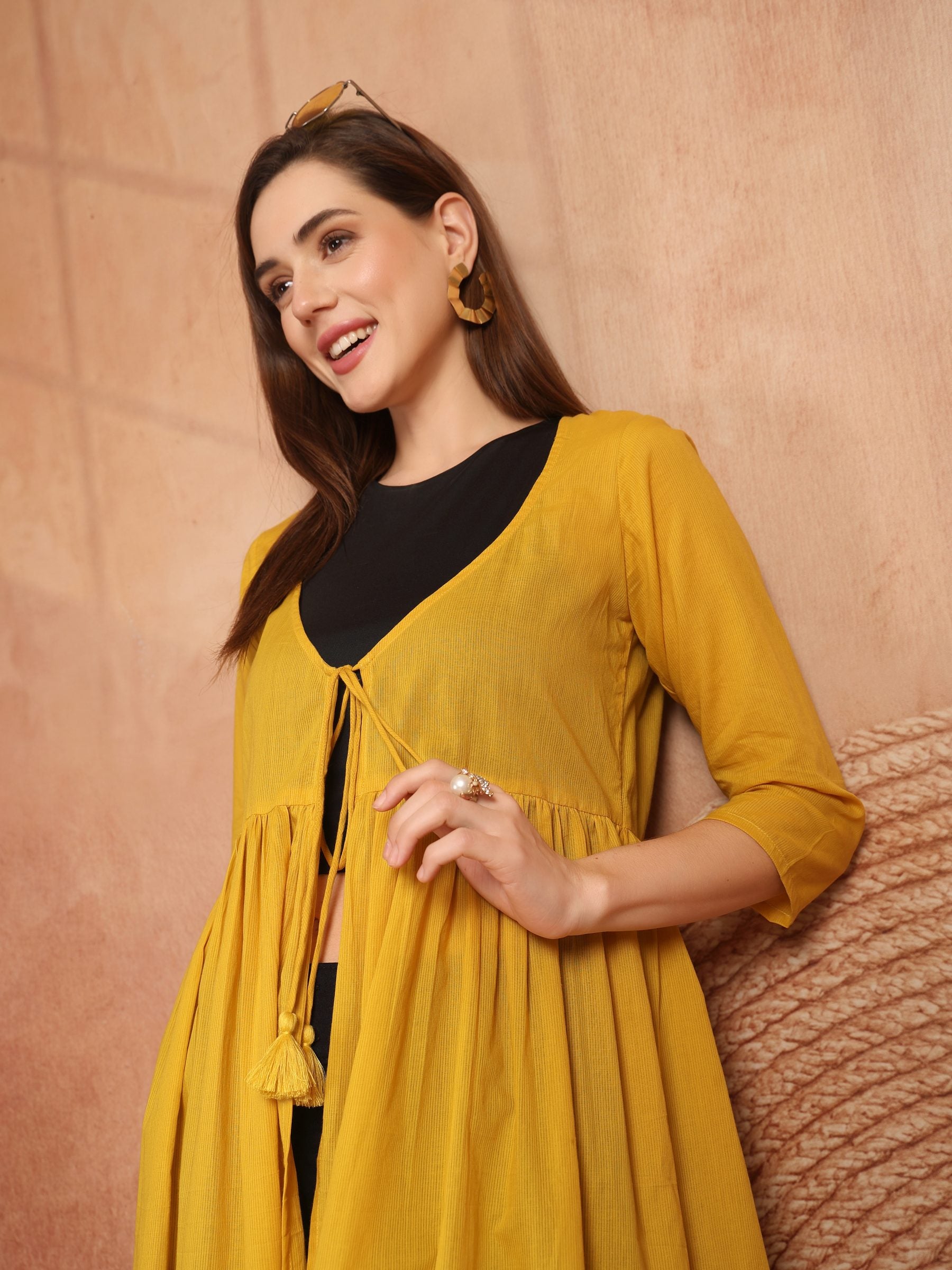 Mustard Cotton Tie-Front Long Shrug for Women - view 5