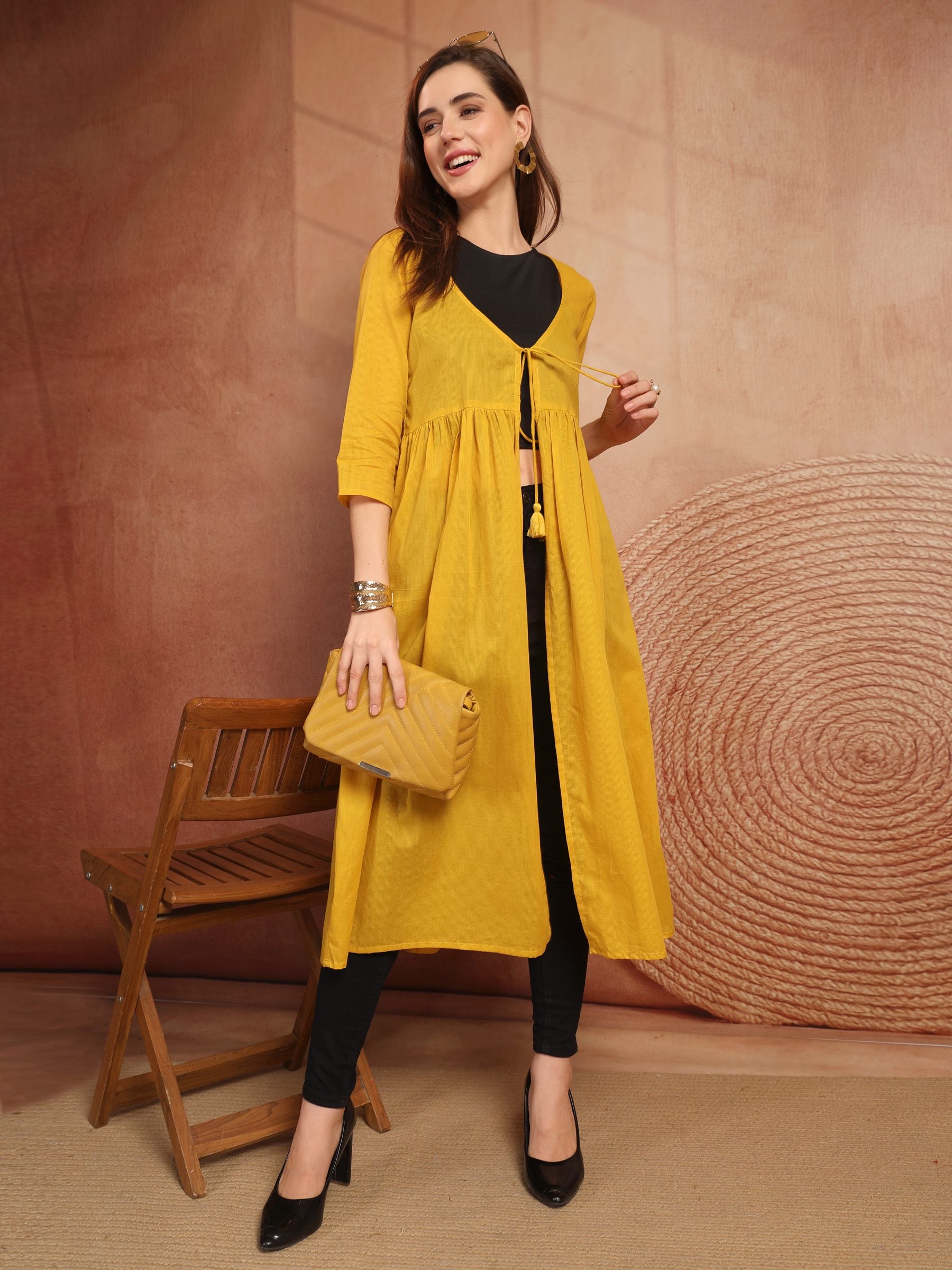 Mustard Cotton Tie-Front Long Shrug for Women - view 6