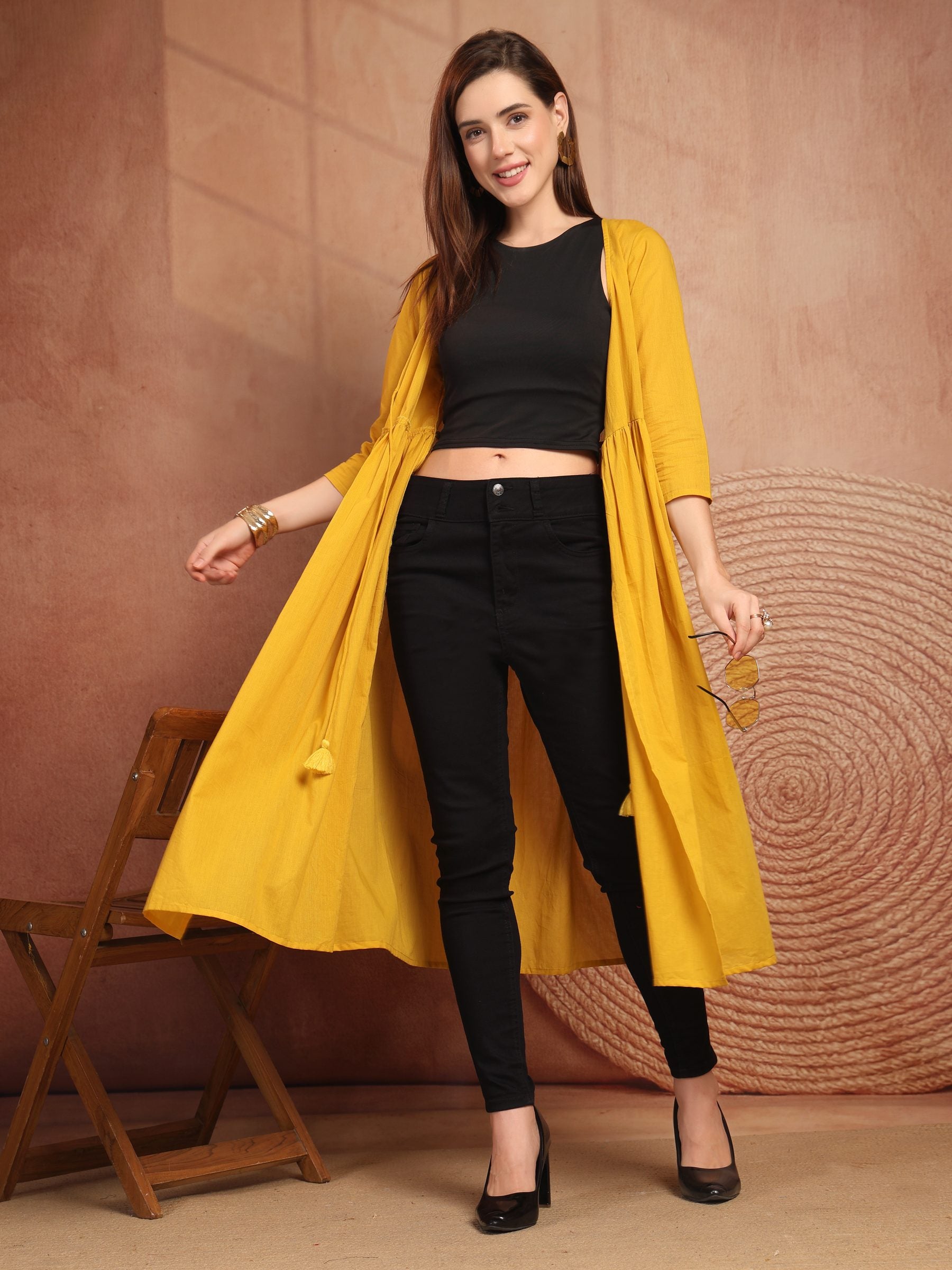 Mustard Cotton Tie-Front Long Shrug for Women - view 7