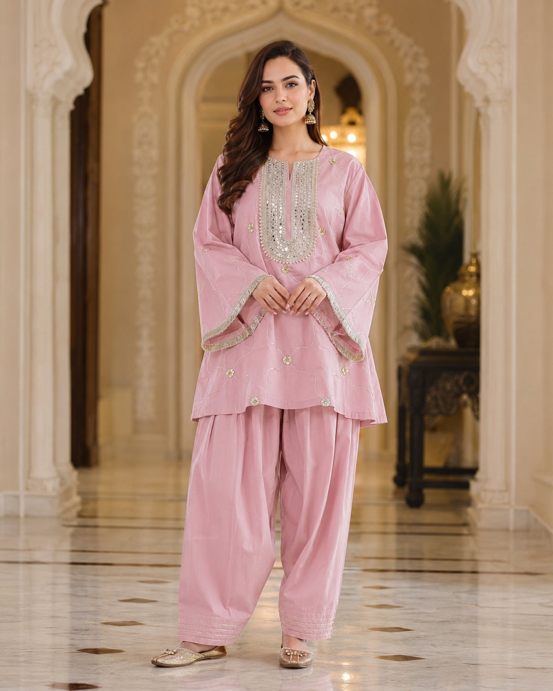 Pink Embroidered Cotton Oversized Kurta Set for Women - view 1