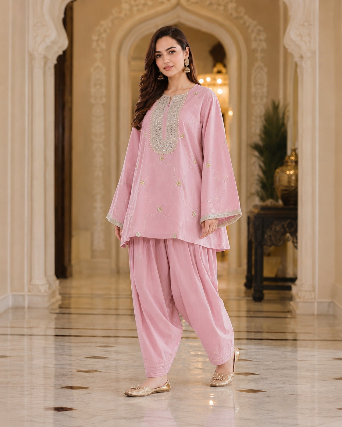 Pink Embroidered Cotton Oversized Kurta Set for Women - view 2