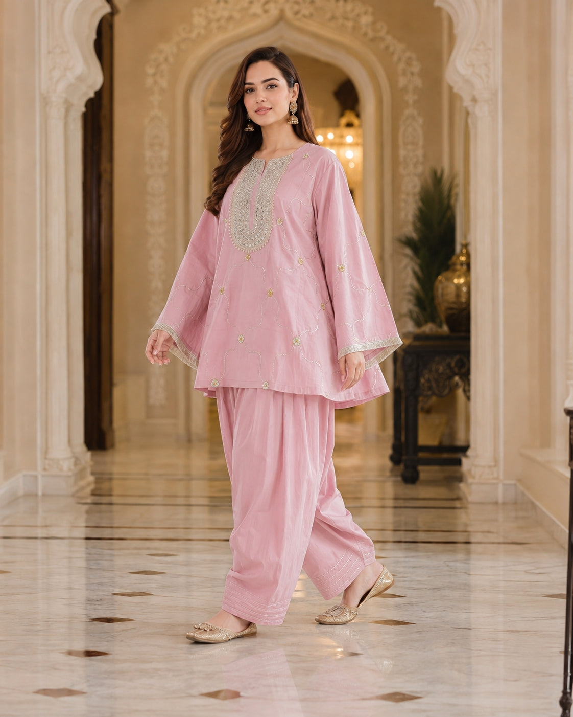 Pink Embroidered Cotton Oversized Kurta Set for Women - view 4