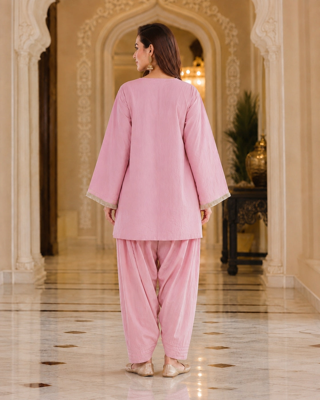 Pink Embroidered Cotton Oversized Kurta Set for Women - view 3