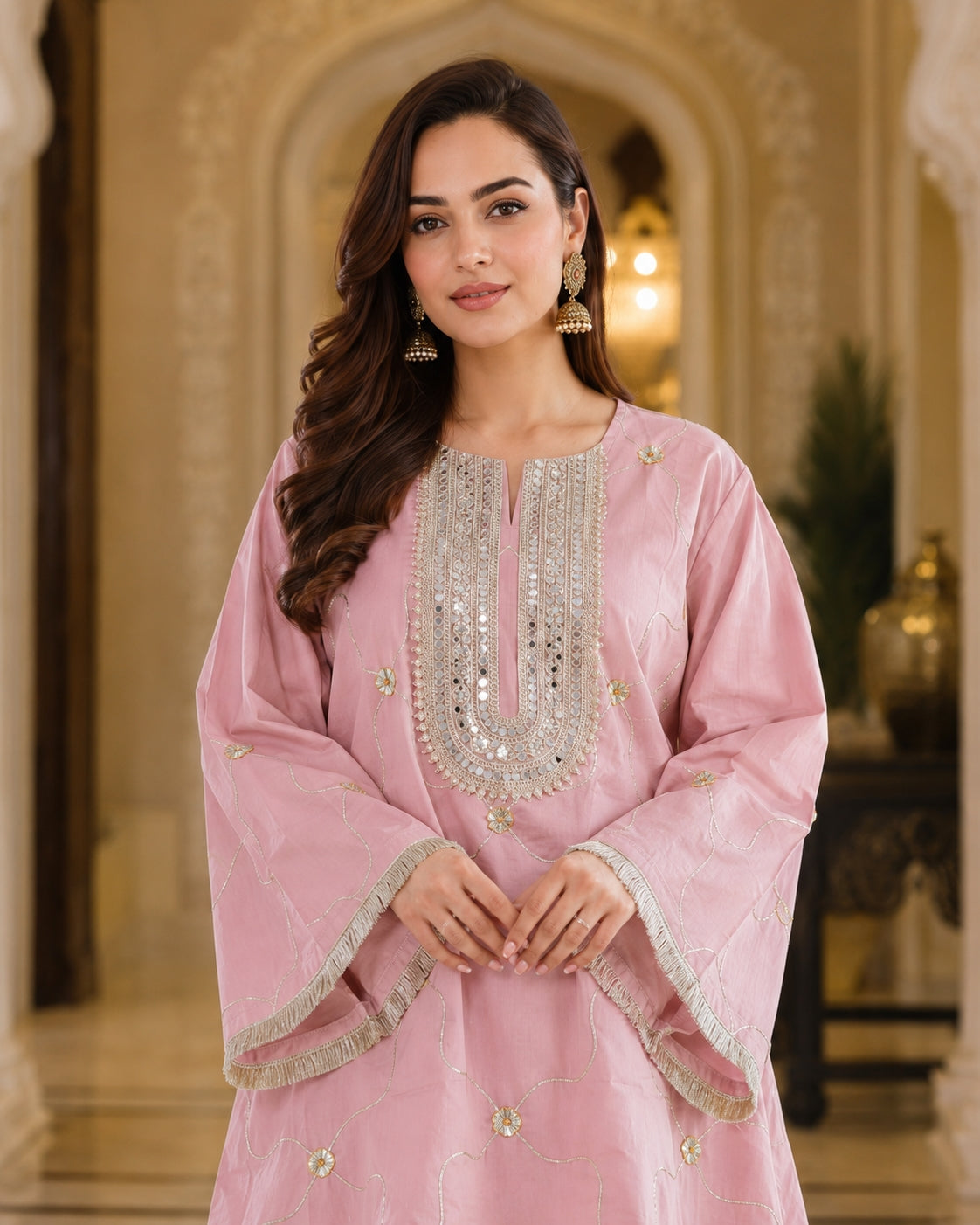 Pink Embroidered Cotton Oversized Kurta Set for Women - view 6