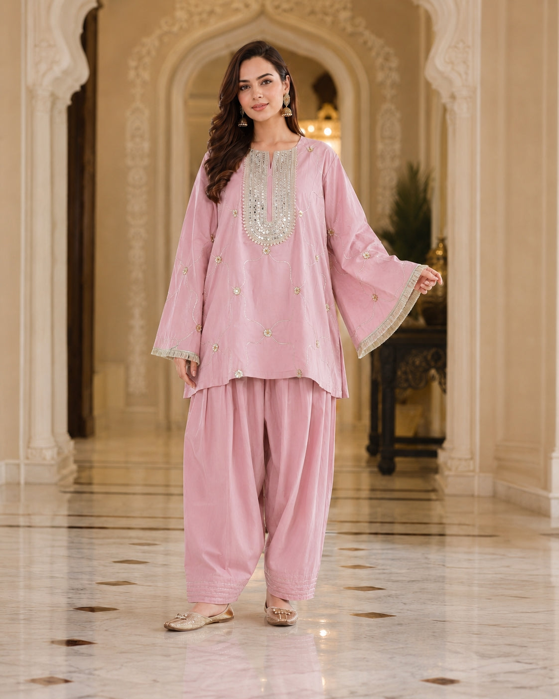 Pink Embroidered Cotton Oversized Kurta Set for Women - view 5
