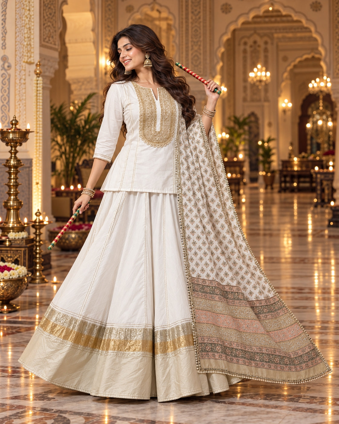 White Gold Cotton Navratri Dandiya Lehenga Set with Dupatta - view 1