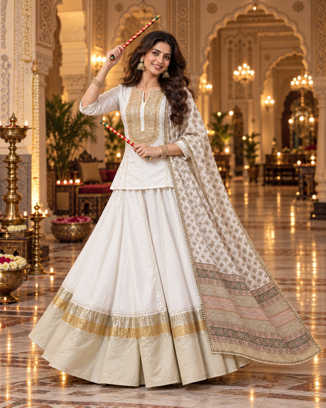 White Gold Cotton Navratri Dandiya Lehenga Set with Dupatta - view 2